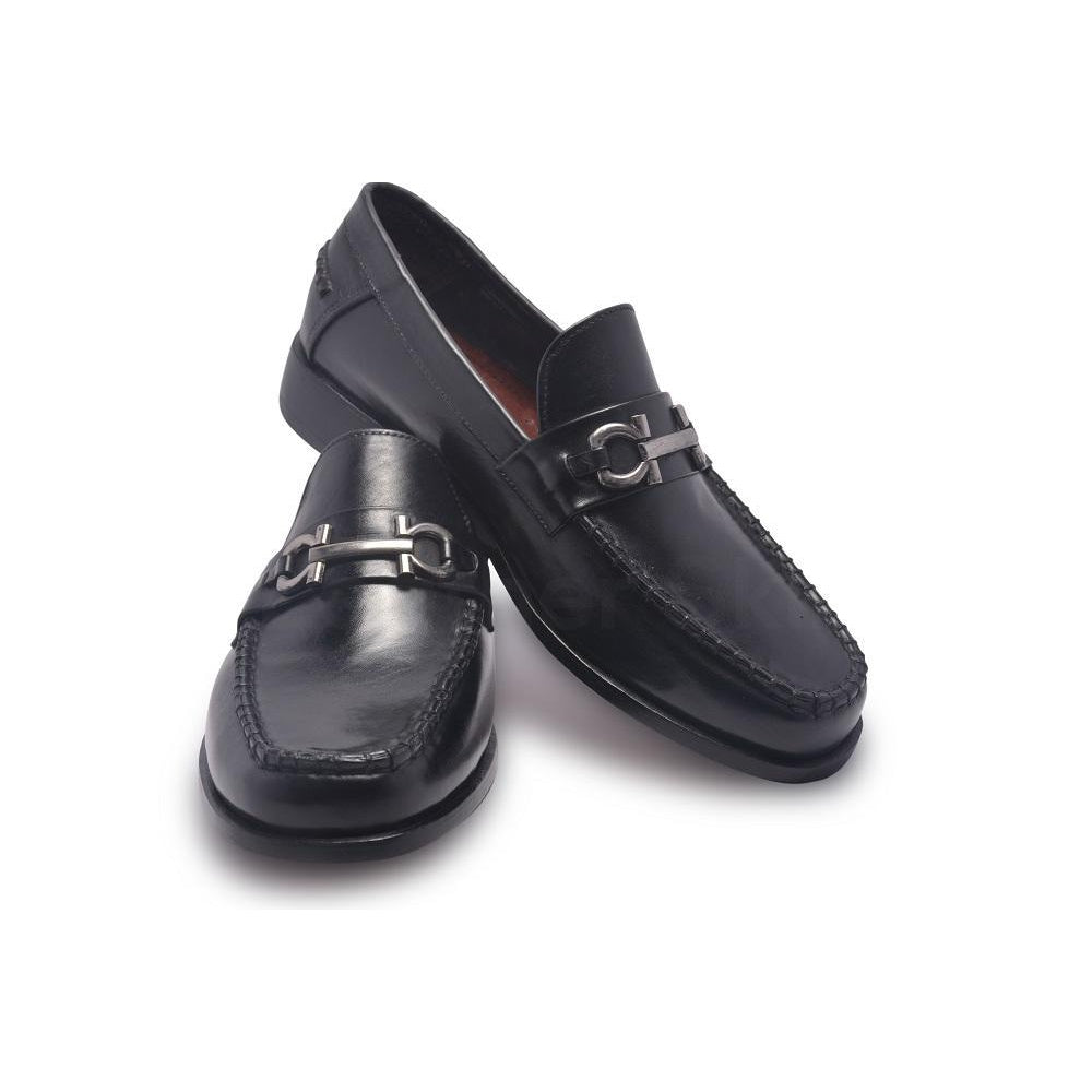 Men Black Loafer Slip-On Genuine Leather Shoes with Metal On Strap