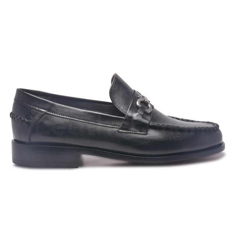 Men Black Loafer Slip-On Genuine Leather Shoes with Metal On Strap