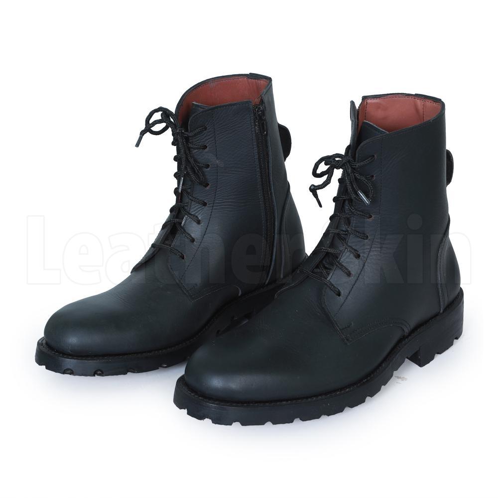 Men Long Military Style Burgundy Long High Ankle Genuine Leather Lace Up Combat Boots