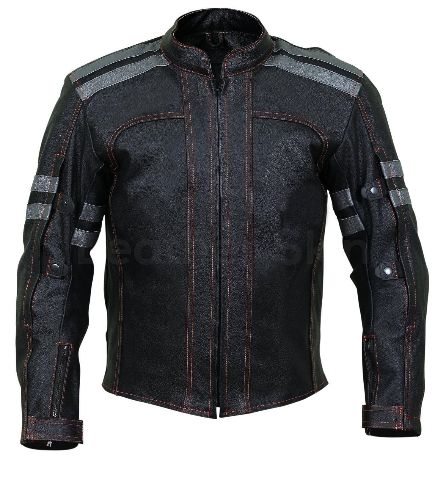 Men Black Motorcycle Biker Leather Jacket with Red Stitching