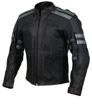 Men Black Motorcycle Biker Leather Jacket with Red Stitching
