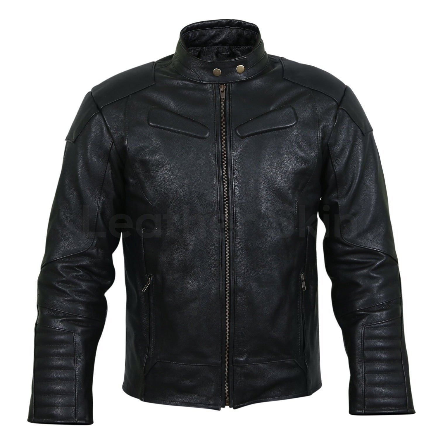 Men Black Motorcycle Biker Sleeve Padded Genuine Leather Jacket