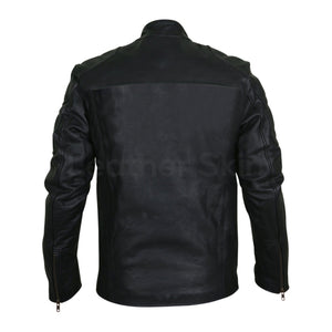 Men Black Motorcycle Genuine Leather Jacket with Shoulder Pads