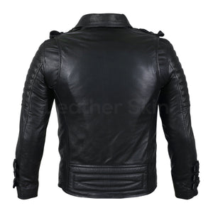 Men Black Motorcycle Leather Jacket with Two Belts and Three Sleeve Straps
