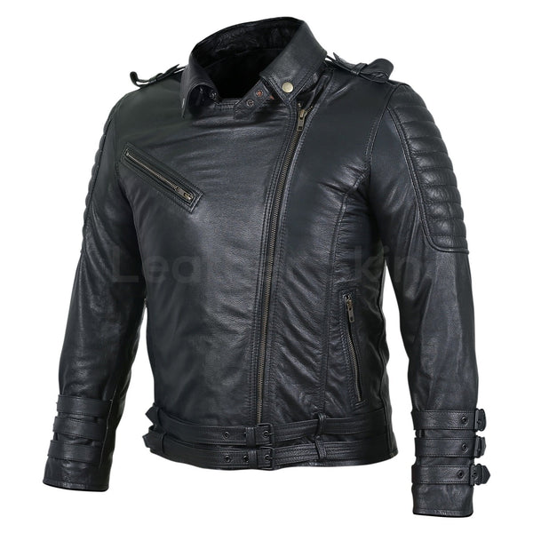 Men Black Motorcycle Leather Jacket with Two Belts and Three Sleeve Straps