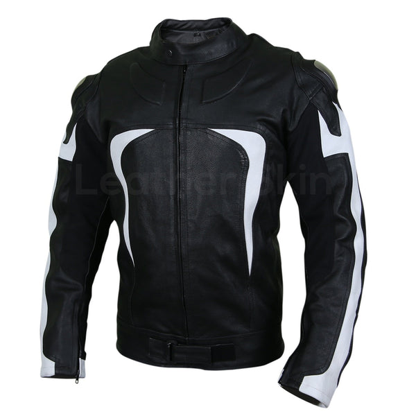 Home / Products / Men Black Motorcycle Leather Jacket with White Stripe ...