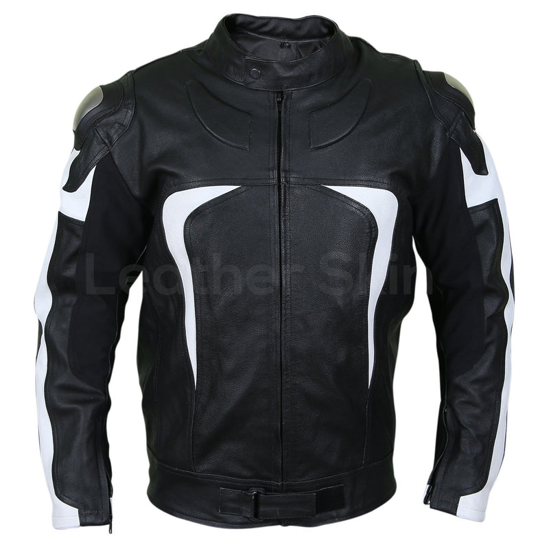 Men Black Motorcycle Leather Jacket with White Stripe Panels