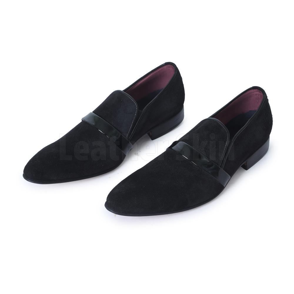 Men Black Penny Loafer Pointed toe Suede Leather Shoes - Leather Skin Shop Men Black Penny Loafer Pointed toe Suede Leather Shoes - Leather Skin Shop
