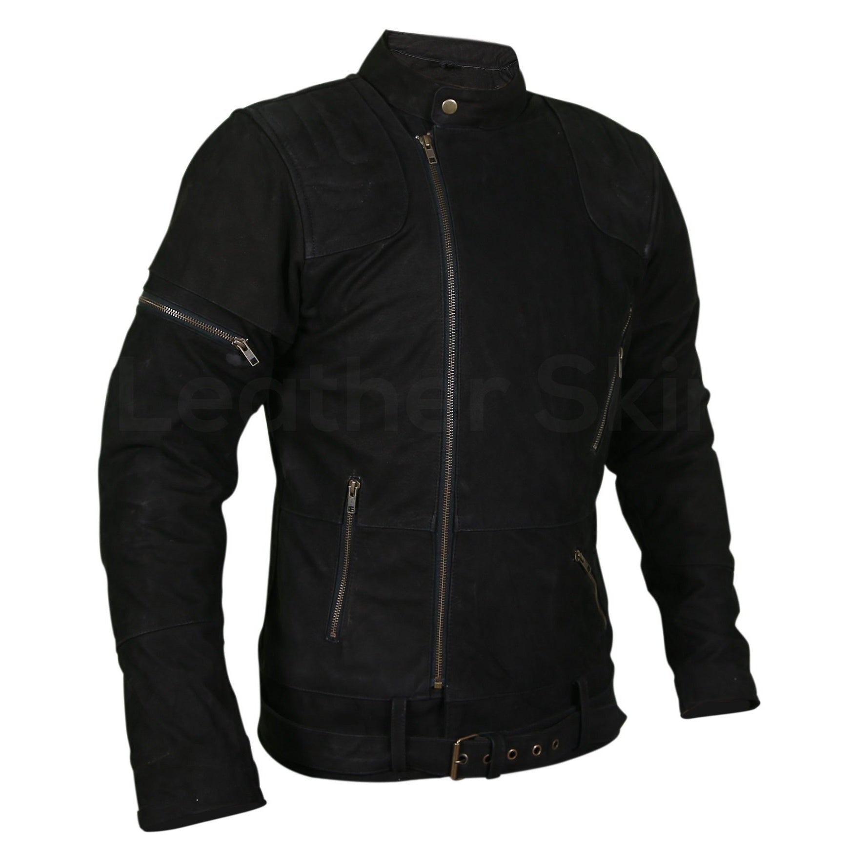 Men Black Suede Belted Leather Jacket with Zippers on
