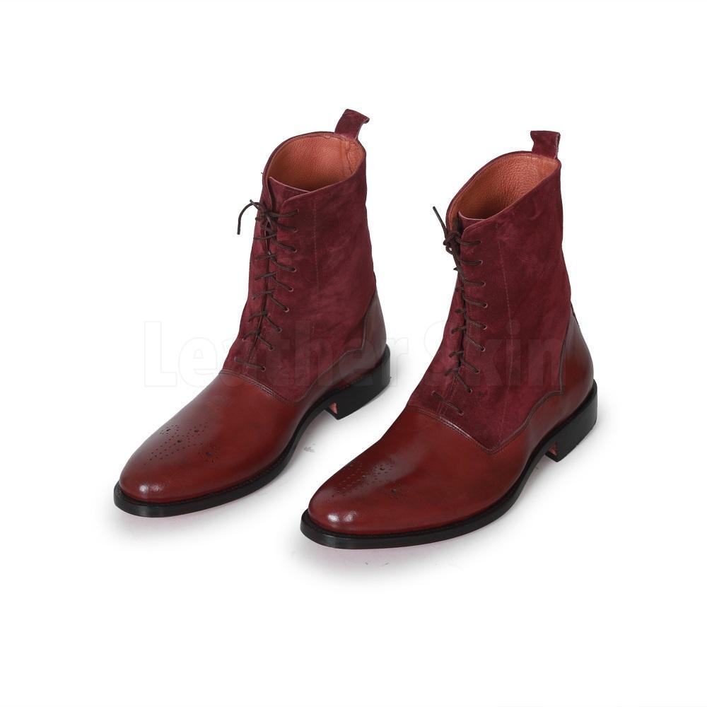 Men Red Burgundy Brogue Genuine & Suede Lace Up Leather Boots