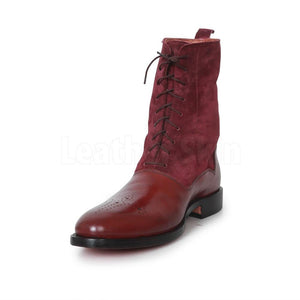 Men Red Burgundy Brogue Genuine & Suede Lace Up Leather Boots