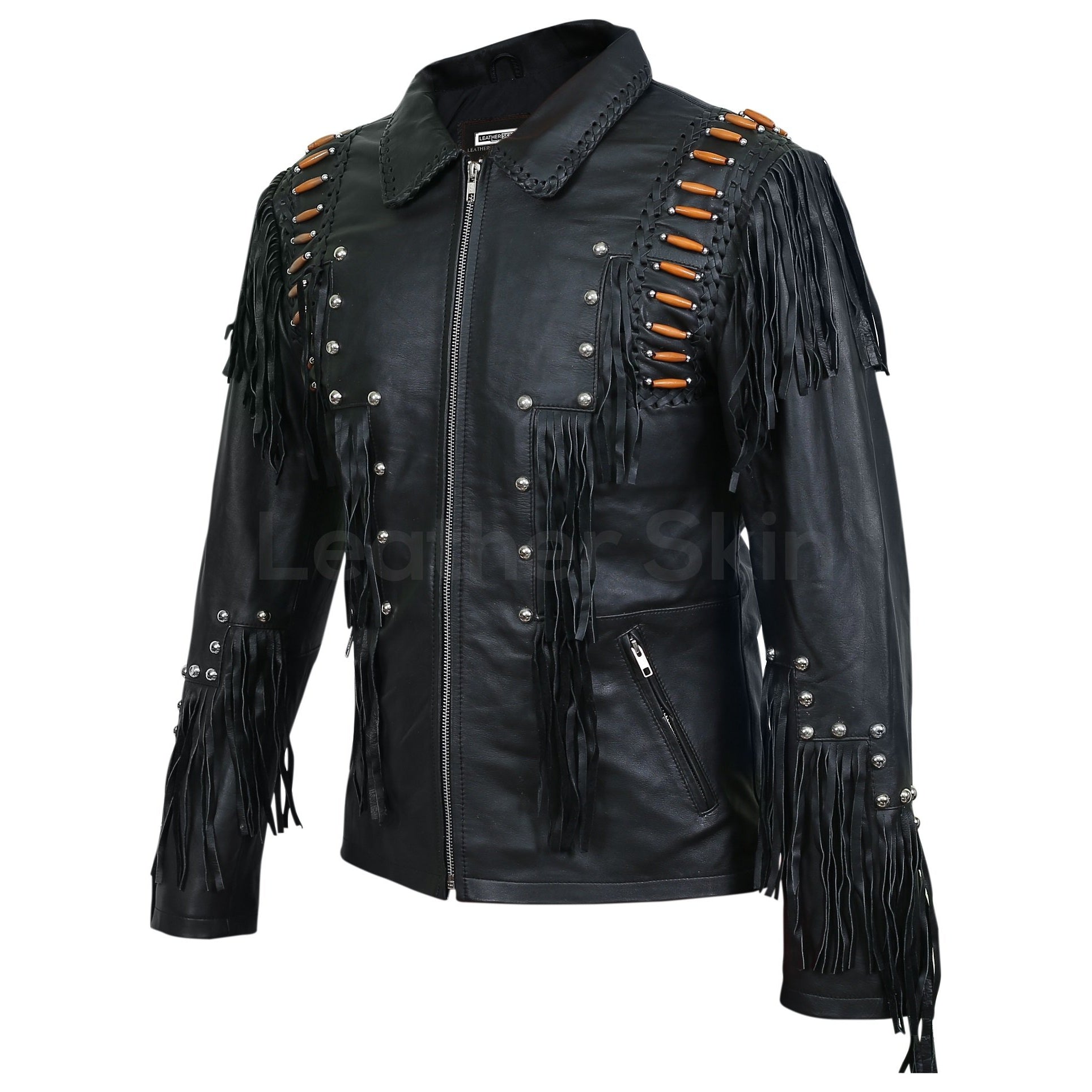 Men Black Western Fringes with Roundhead studs and brown beads