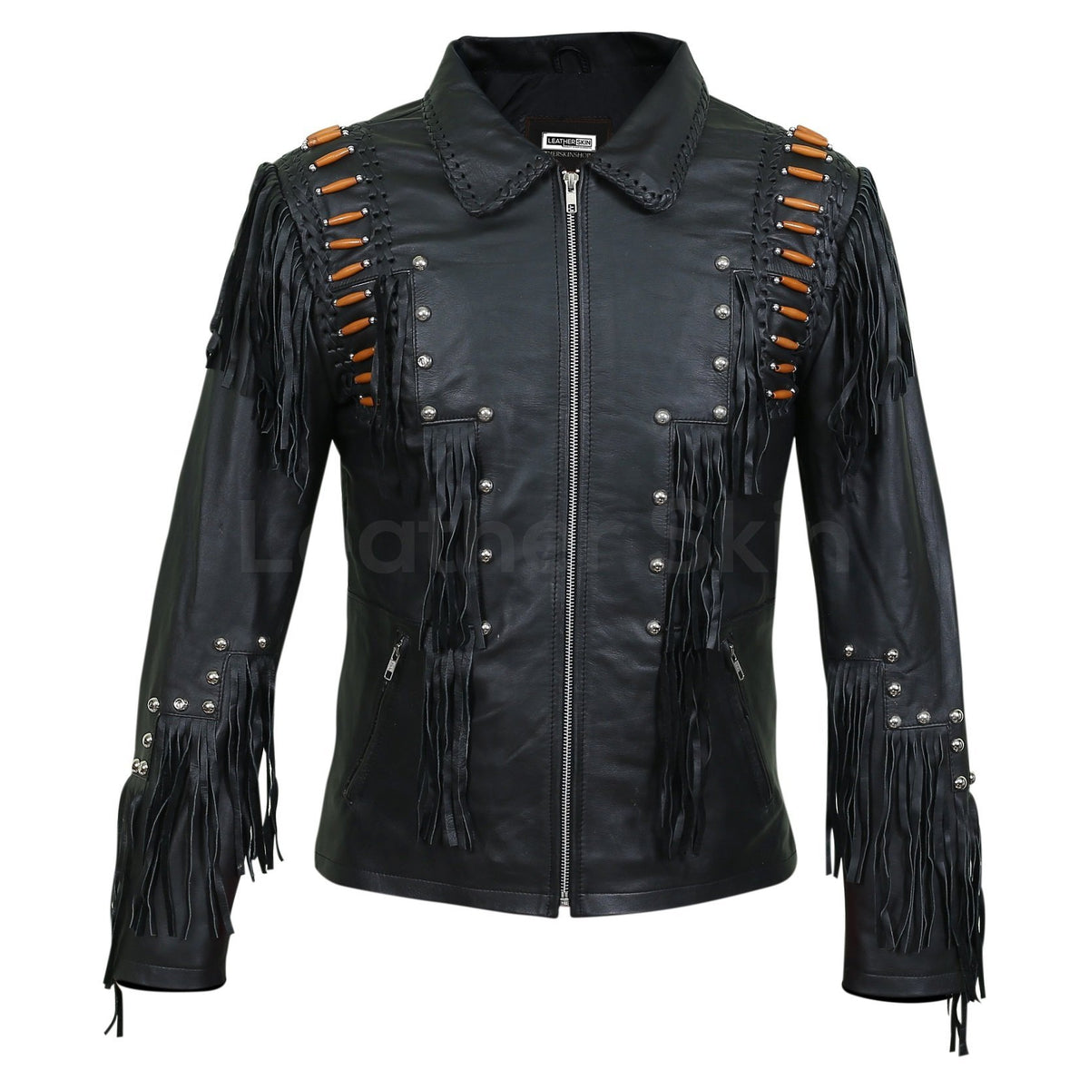 Men Black Western Fringes with Roundhead studs and brown beads