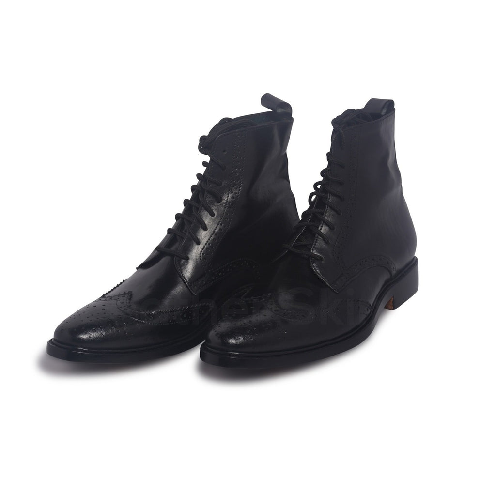 Men Black Wingtip Brogue Derby Leather Boots - Leather Skin Shop Men Black Wingtip Brogue Derby Leather Boots - Leather Skin Shop