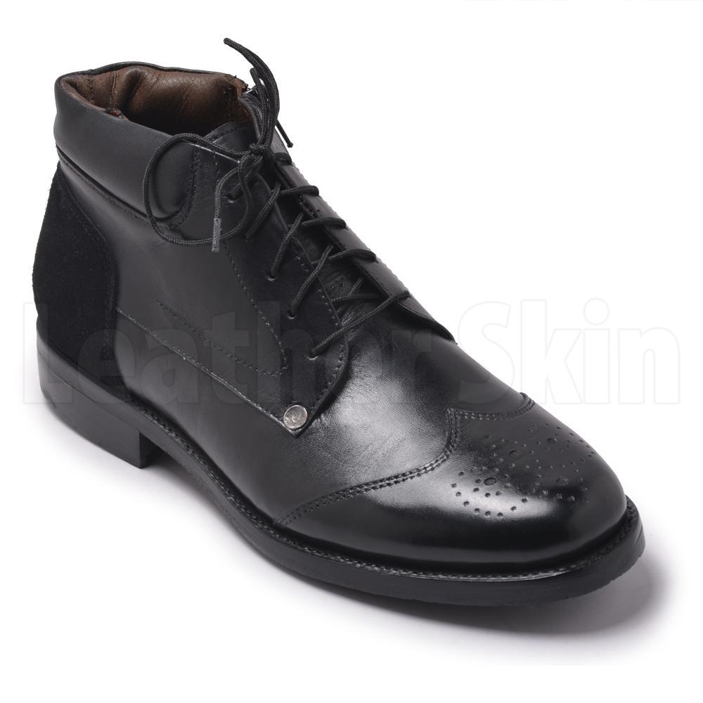 Men Black Zipper Genuine Leather Boots