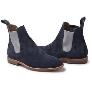 Men Blue Chelsea Suede Leather Boots with White Stretch