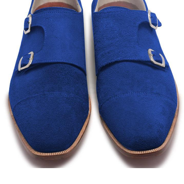 Men Blue Double Monk Suede Leather Shoes