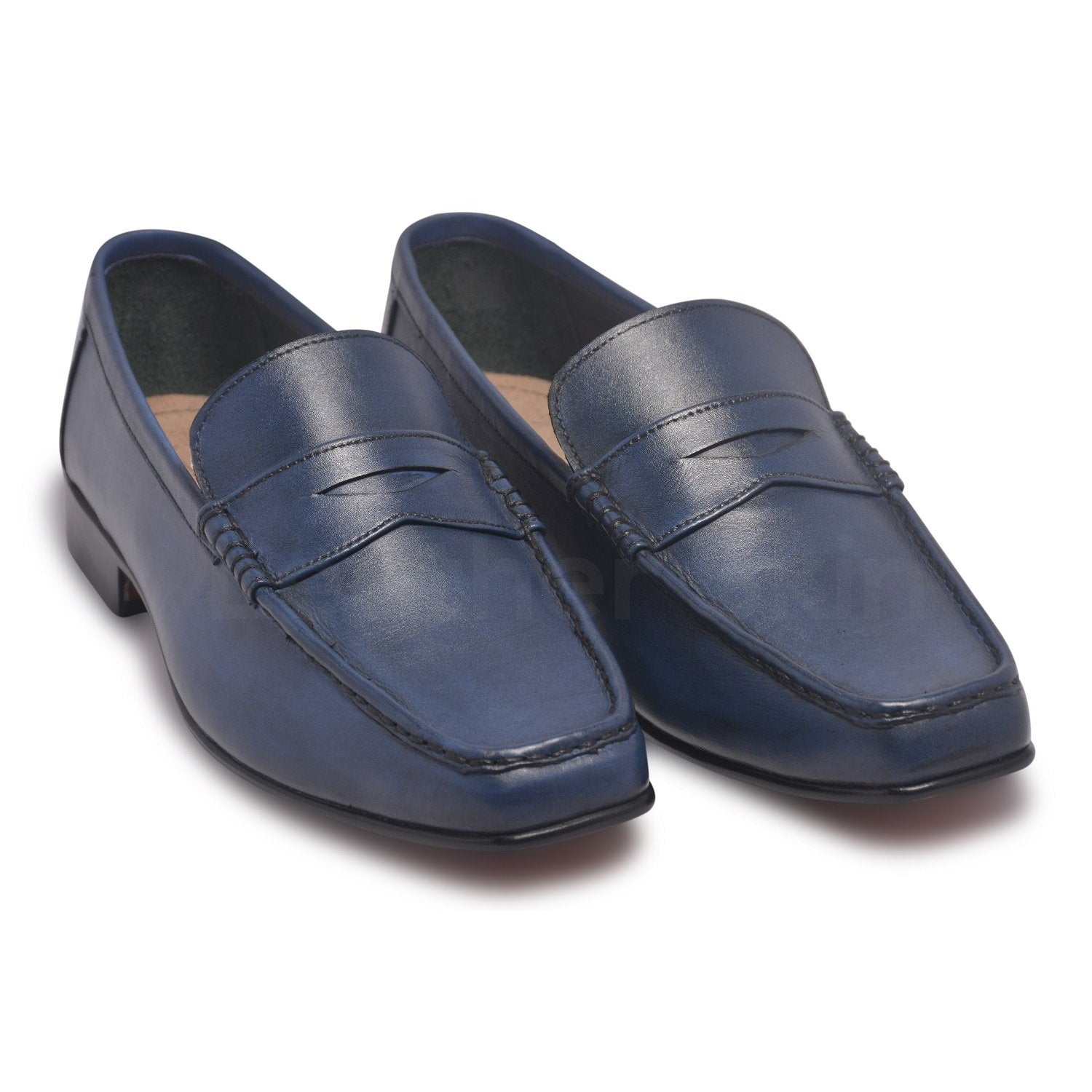 Men Blue Penny Loafer Slip-On Genuine Leather Shoes Leather Skin