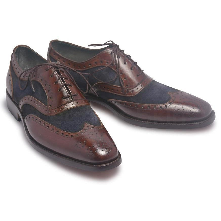 Men Brown Brogue Wingtip Genuine Leather Shoes with Blue Suede - US 7 Men Brown Brogue Wingtip Genuine Leather Shoes with Blue Suede - US 7