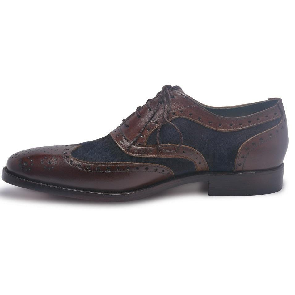 Men Brown Brogue Wingtip Genuine Leather Shoes with Blue Suede - Leather Skin Shop Men Brown Brogue Wingtip Genuine Leather Shoes with Blue Suede - Leather Skin Shop