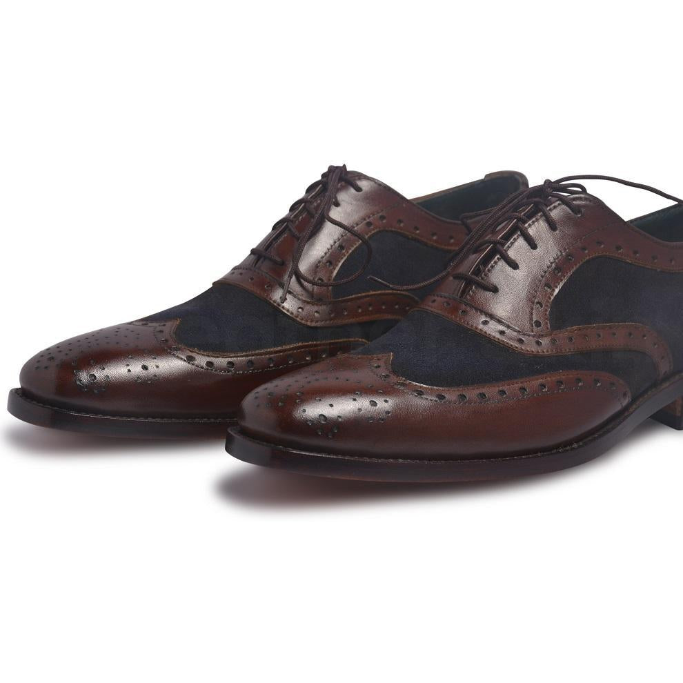 Men Brown Brogue Wingtip Genuine Leather Shoes with Blue Suede - Leather Skin Shop Men Brown Brogue Wingtip Genuine Leather Shoes with Blue Suede - Leather Skin Shop