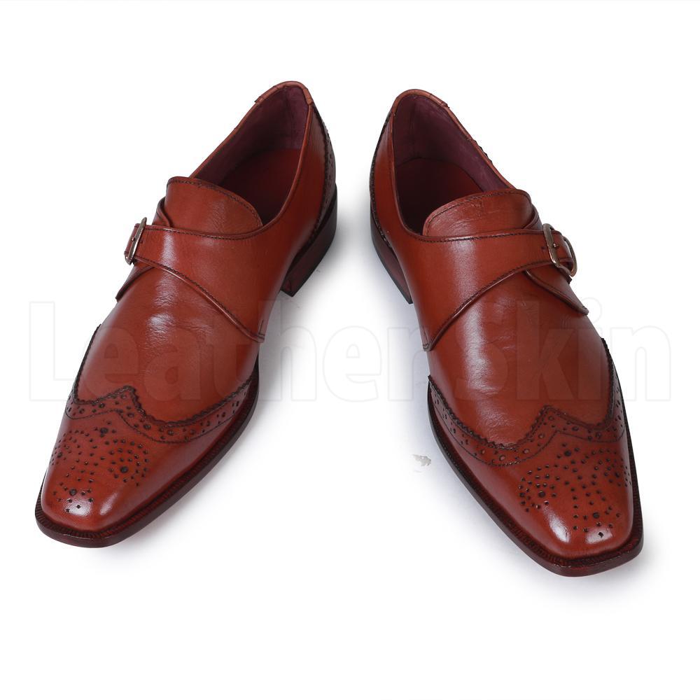 Men Brown Brogue Wingtip Single Monk Genuine Handmade Leather Shoes