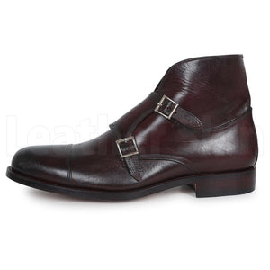Men Brown Double Monk Strap Genuine Leather Boots