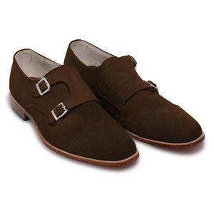 Men Brown Double Monk Suede Leather Shoes