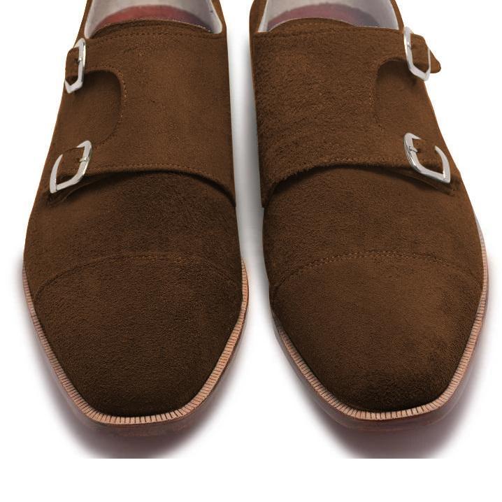 Men Brown Double Monk Suede Leather Shoes
