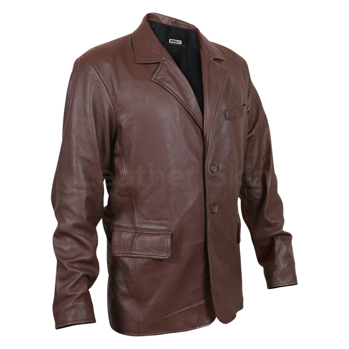 mens brown leather coat with buttons