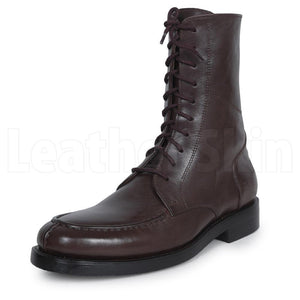 Men Brown Military Lace Up Zipped Genuine Leather Boots