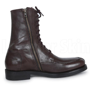 Men Brown Military Lace Up Zipped Genuine Leather Boots