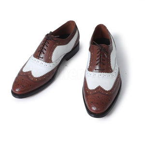 brown and white mens dress shoes Men Brown White Two Tone Oxford Brogue Wingtip Genuine Leather Shoes