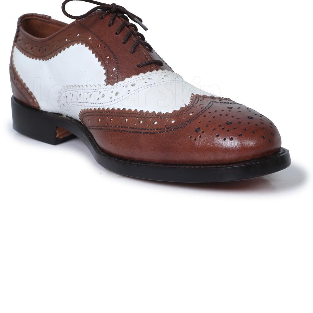 Men Brown White Two Tone Oxford Brogue Wingtip Genuine Leather