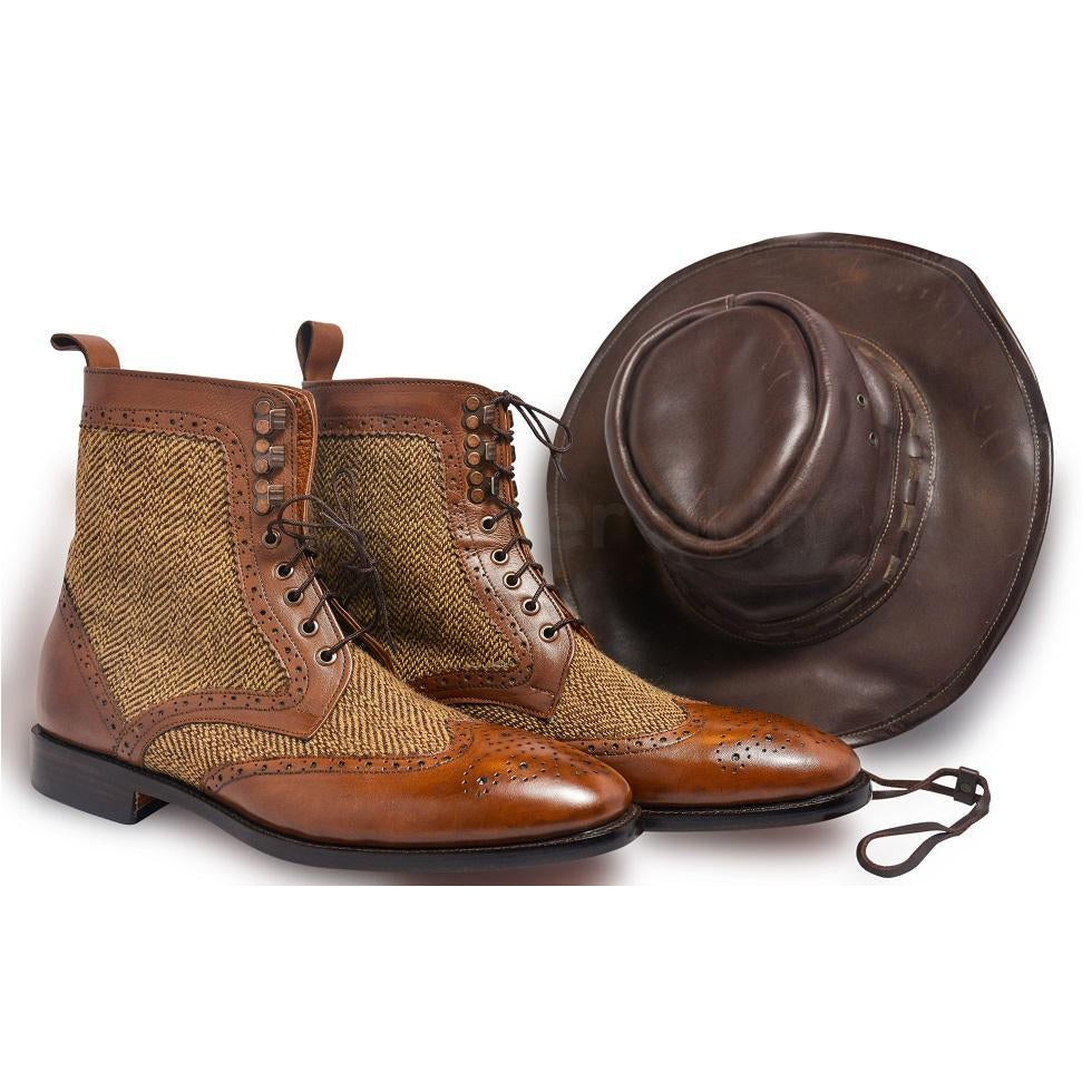 Men Brown Wingtip Brogue Derby Leather Boots - US 15 Men Brown Wingtip Brogue Derby Leather Boots - US 15