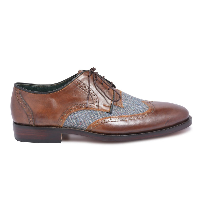 Men Brown Wingtip Derby Leather Shoes with Fabric Herringbone Vamp