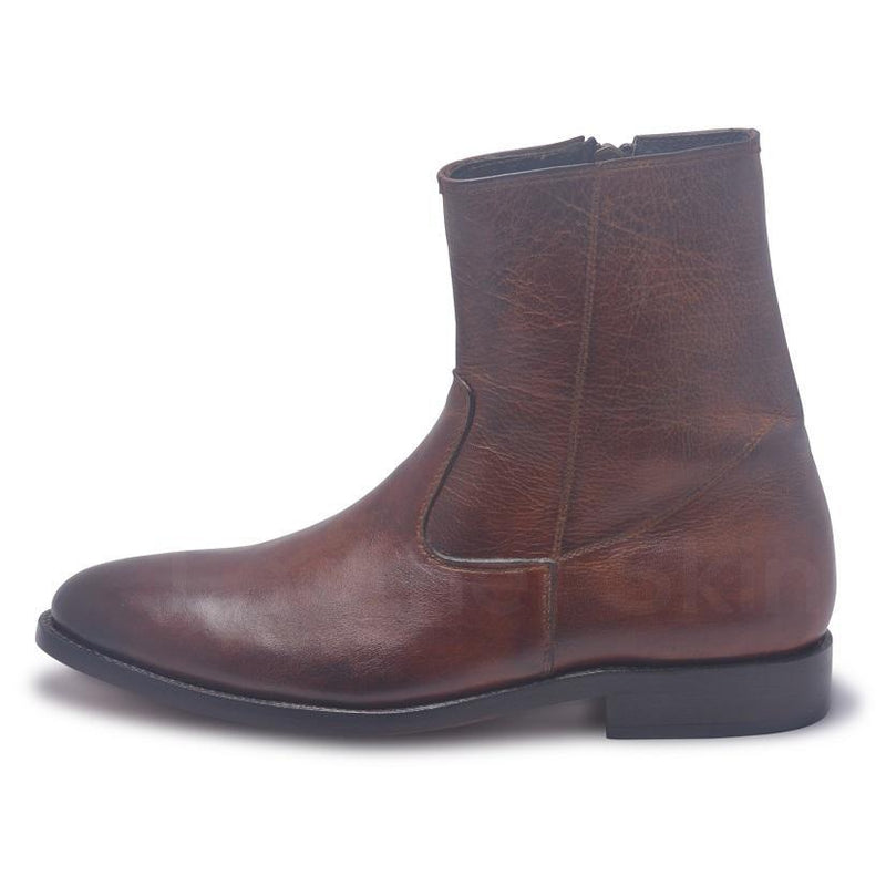 Men Brown Zipper Ankle Genuine Leather Boots