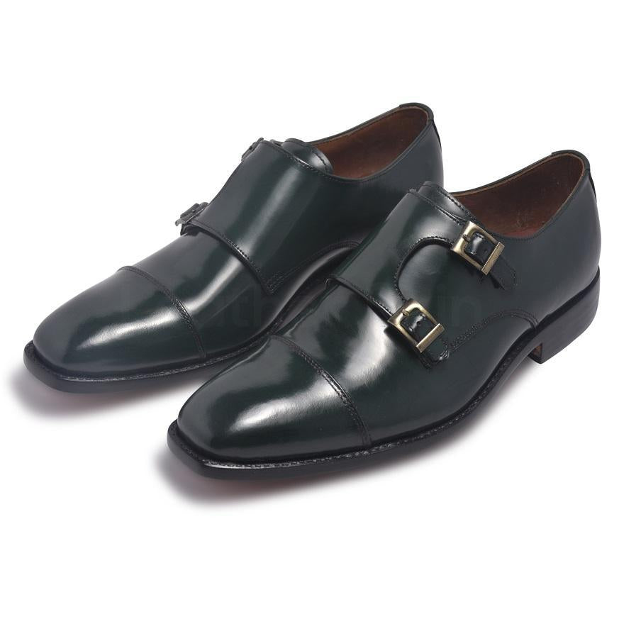 Men Dark Green Monk Strap Cap Toe Genuine Leather Shoes - Leather Skin Shop Men Dark Green Monk Strap Cap Toe Genuine Leather Shoes - Leather Skin Shop