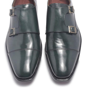 Men Dark Green Monk Strap Cap Toe Genuine Leather Shoes