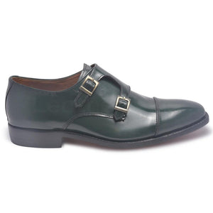 Men Dark Green Monk Strap Cap Toe Genuine Leather Shoes