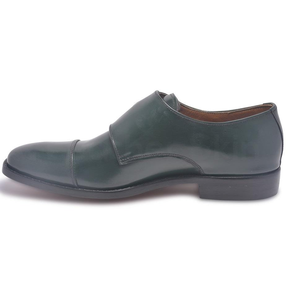Men Dark Green Monk Strap Cap Toe Genuine Leather Shoes - Leather Skin Shop Men Dark Green Monk Strap Cap Toe Genuine Leather Shoes - Leather Skin Shop