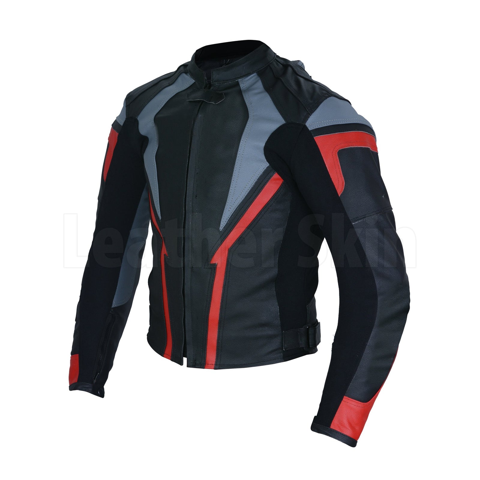 Men Dashing black biker leather jacket with grey and red stripes