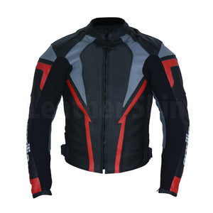 Men Dashing black biker leather jacket with grey and red stripes
