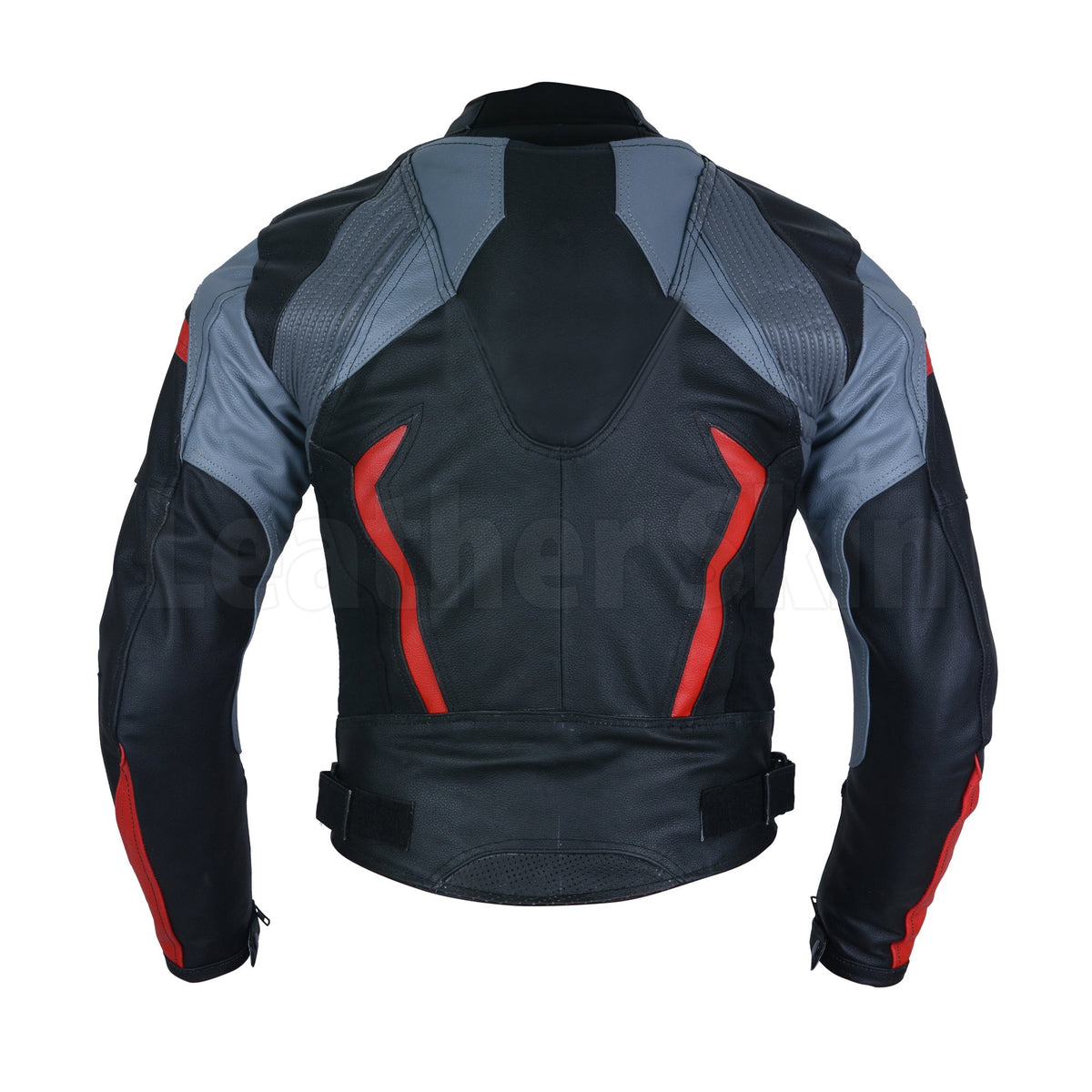 Men Dashing black biker leather jacket with grey and red stripes