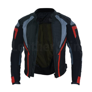 Men Dashing black biker leather jacket with grey and red stripes