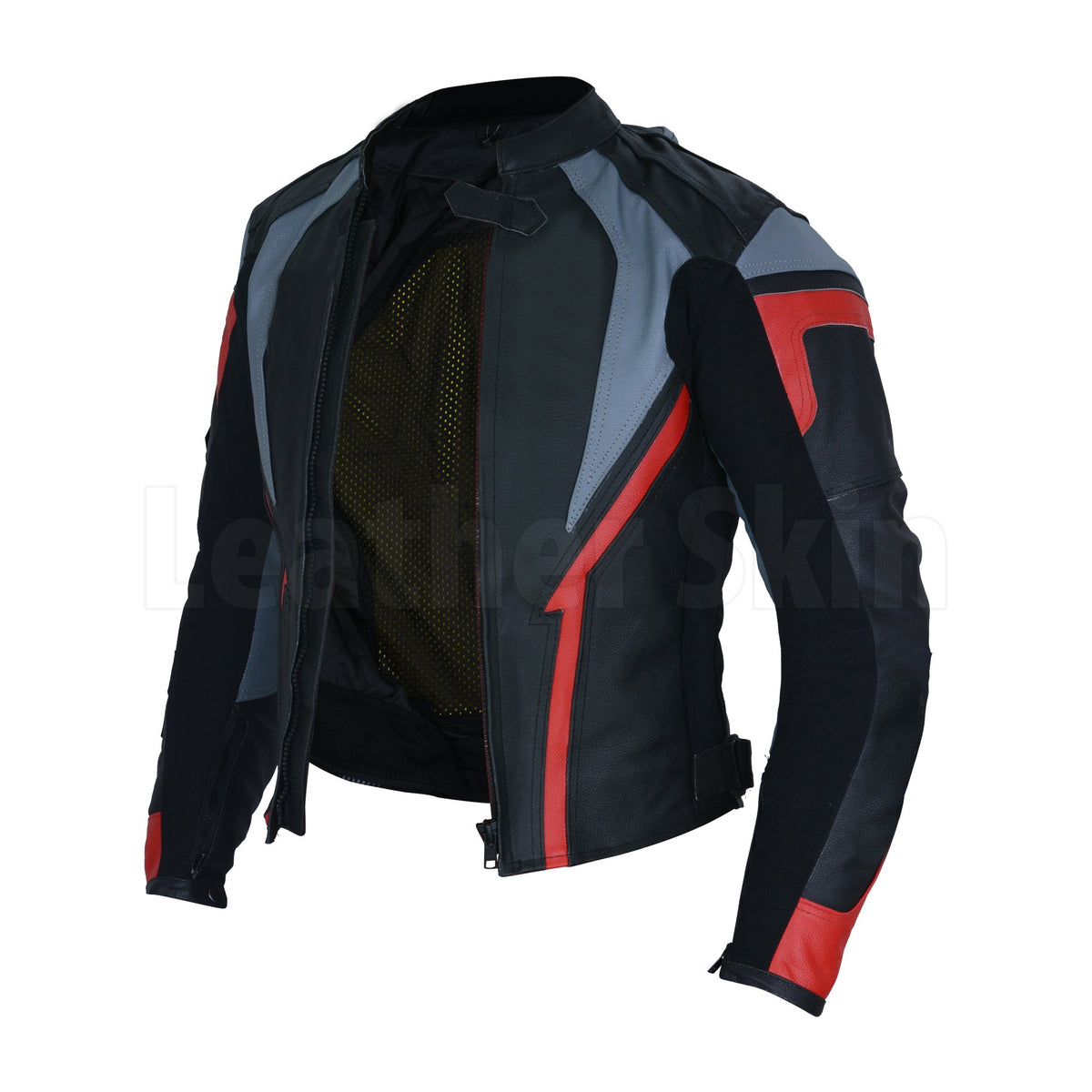 Men Dashing black biker leather jacket with grey and red stripes