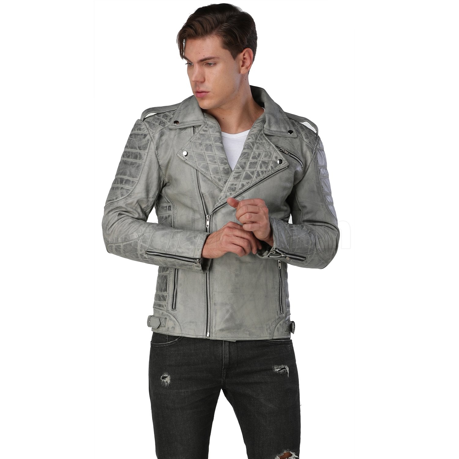 LEATHER EFFECT CROPPED BIKER JACKET - Charcoal