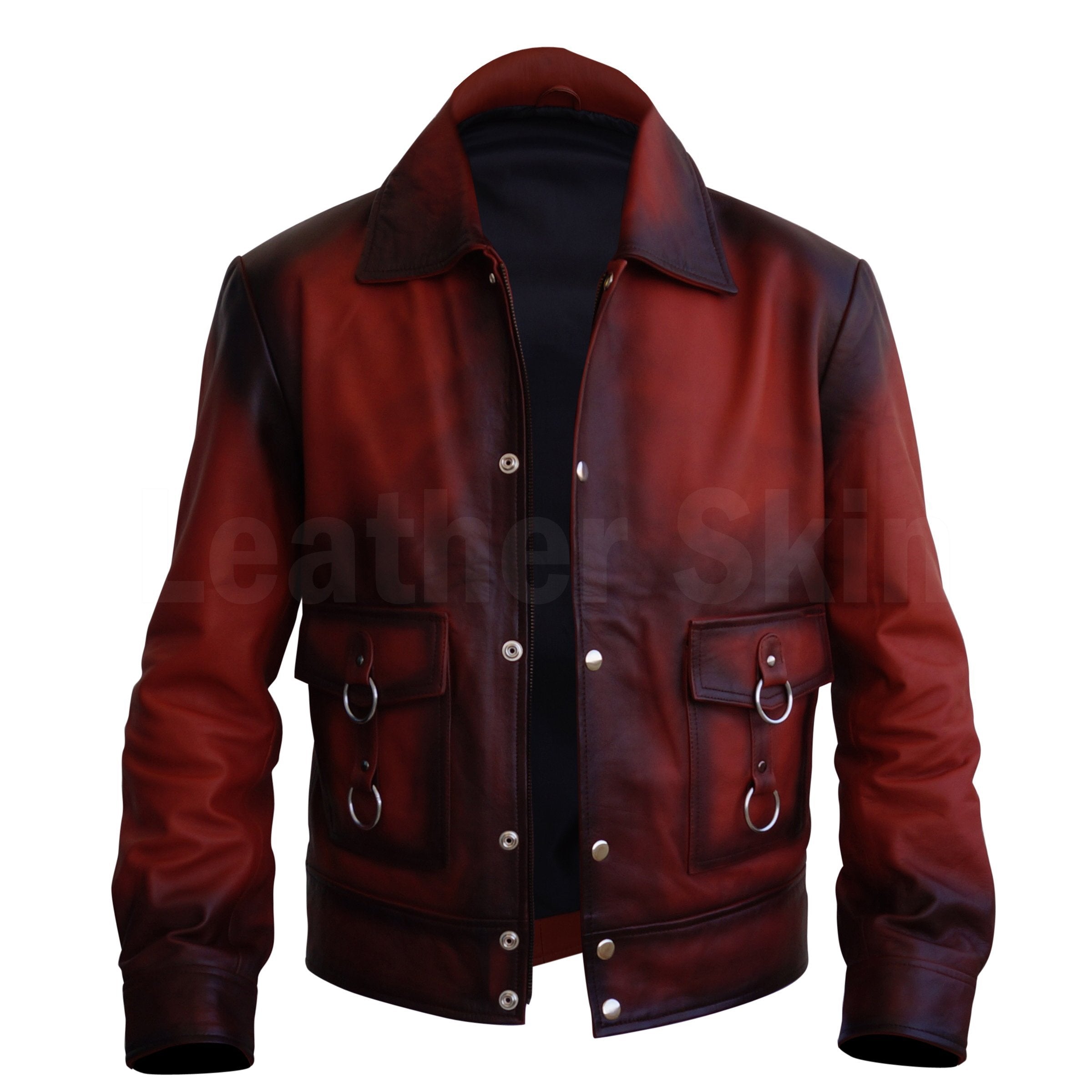 Men Distressed Tan Red Cow Leather Jacket with Metal Hoops Front Zipper ...