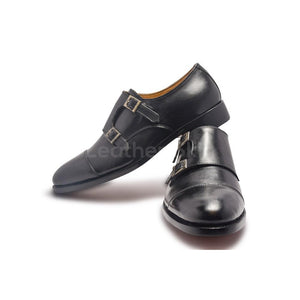 Men Double Monk Black Handmade Genuine Leather Shoes
