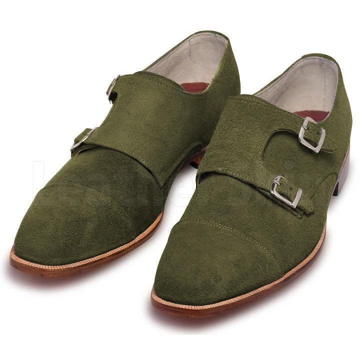 Men Green Double Monk Suede Leather Shoes